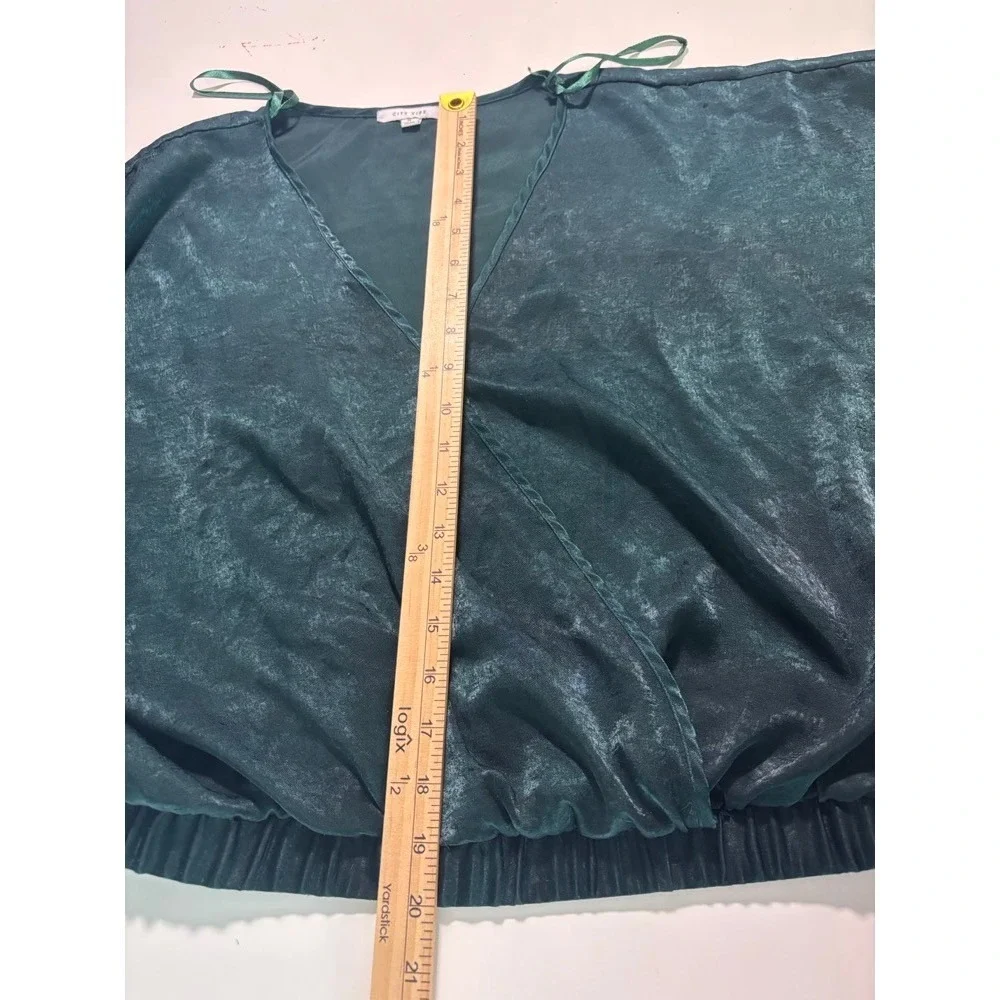 Woman's Emerald Green Ruched Waist V‎ Neck Wrap Style Top XL Balloon Sleeve